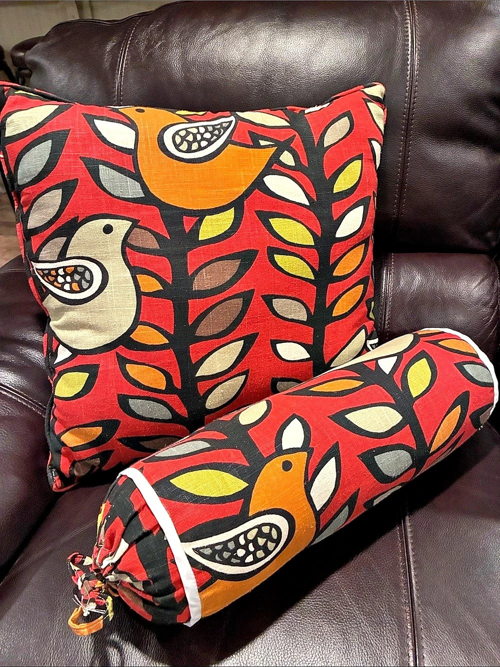Orla Kiely Early Bird Stem Cushion and Bolster Set Red & Orange
